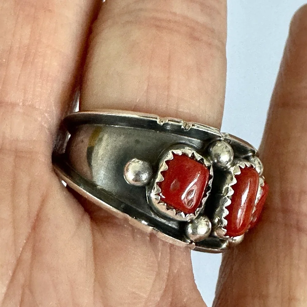 Red Coral Wedding Band Ring Sz 11 Navajo 13mm Native American Dark Sterling Mens